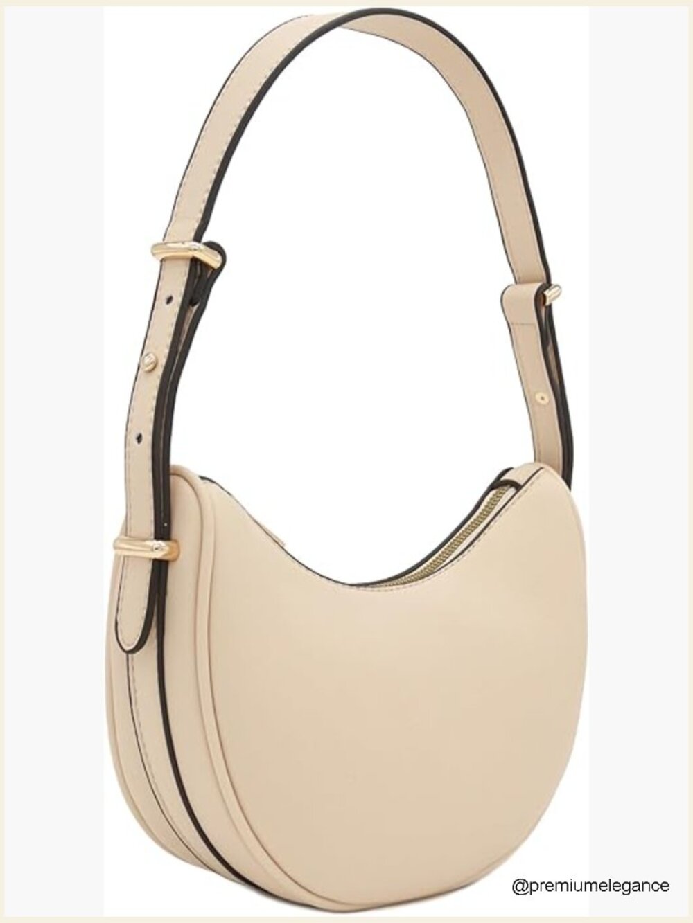 Small Crescent Faux Leather Shoulder Bag Zipper Closure Adjustable Strap Gold